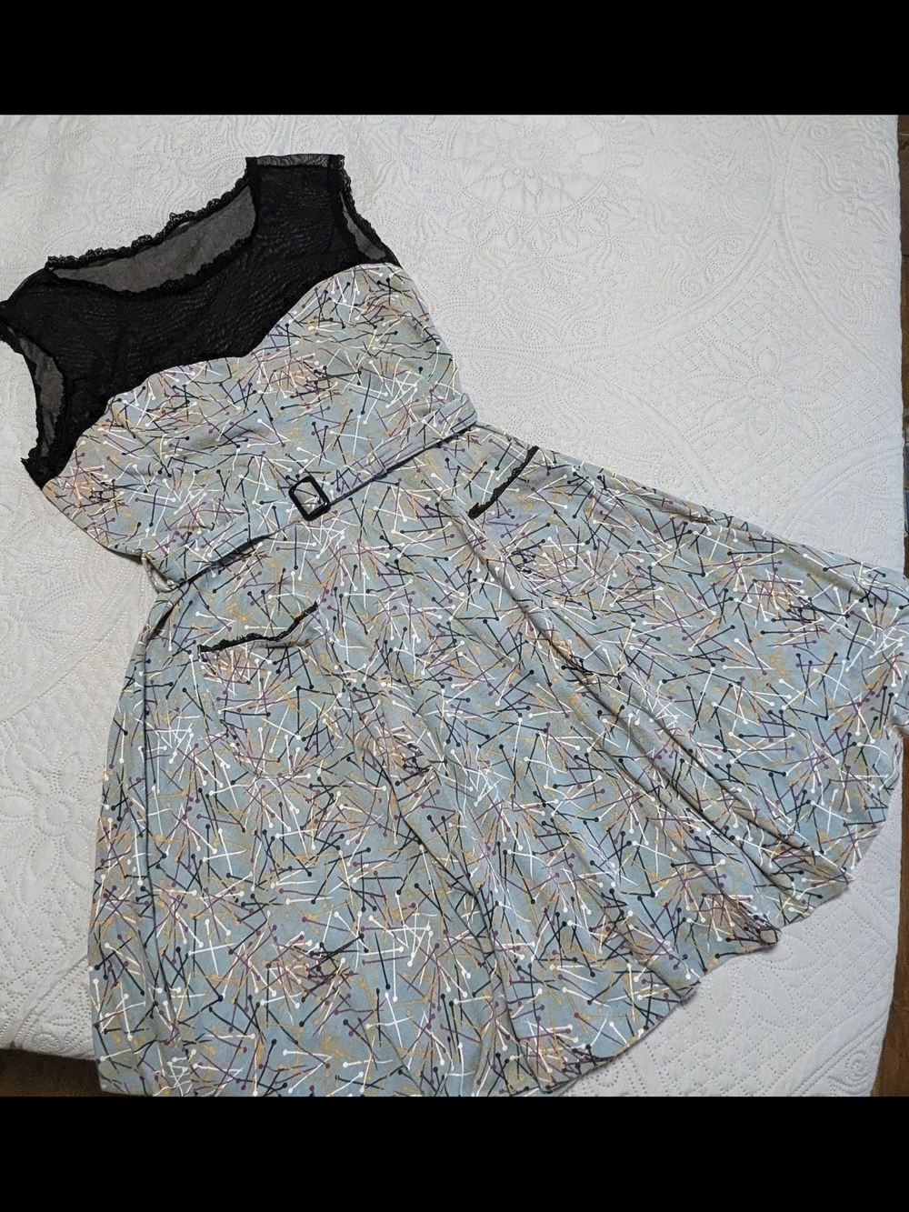 Effie's Heart Light Blue Geometric Midi Dress with Black Lace Yoke